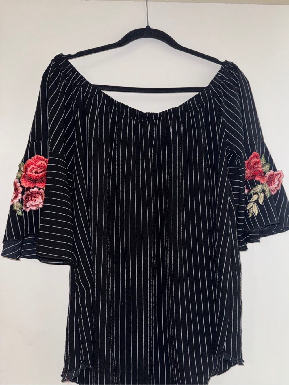 Black Pinstripe Off-Shoulder Tunic with Rose Embroidered Sleeves